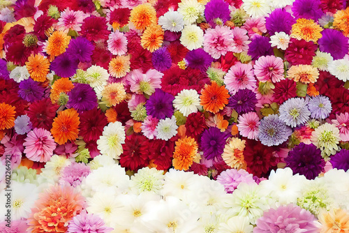 Flowers wall background with amazing red,orange,pink,purple,green and white chrysanthemum flowers. Generative Ai