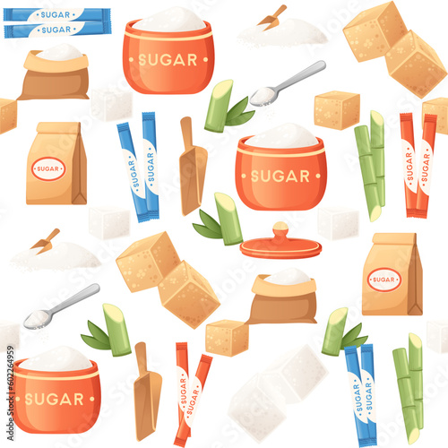 Seamless pattern of sugar in different types cubes sand cane vector illustration on white background