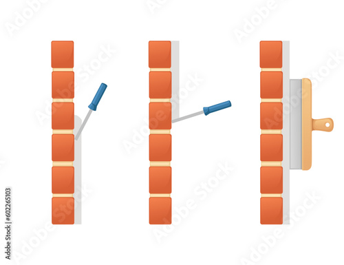 Plastering red brick wall with putty knife spatula vector illustration isolated on white background