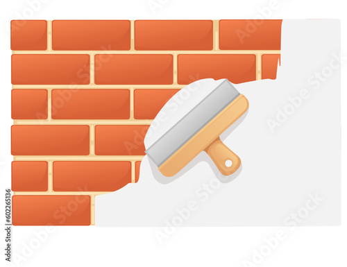 Plastering red brick wall with putty knife spatula vector illustration isolated on white background