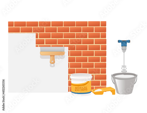 Plastering red brick wall with putty knife spatula and industrial mixer vector illustration on white background