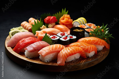 Sushi roll set with salmon, eel, tuna, avocado, king prawns, cream cheese. Japanese cuisine. Generative AI illustration