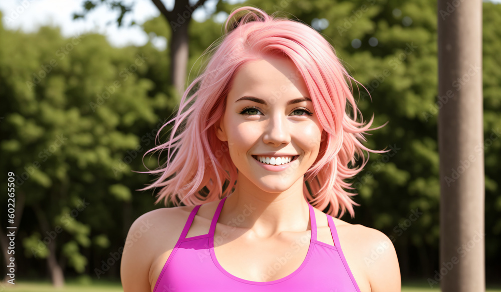 Portrait of a sporty beautiful girl with pink hair. Generative AI. Portrait of a sporty beautiful girl with pink hair. Generative AI.