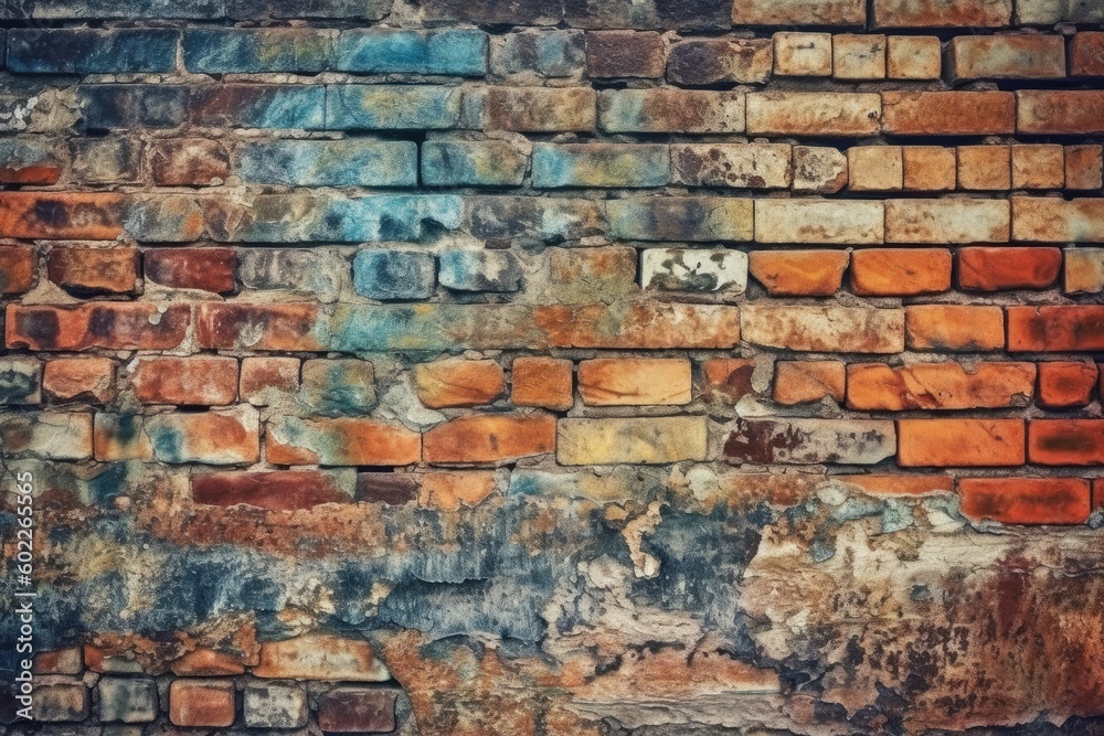 Naklejka premium Old wall background with stained aged bricks, Generative AI