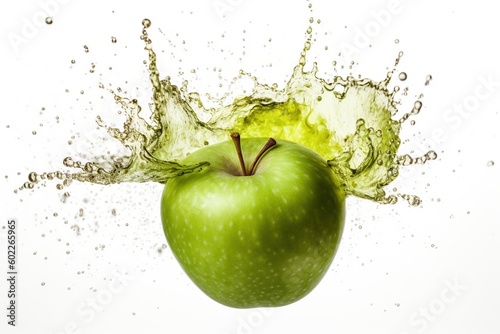 ripe green apple on juice splash background - Ai