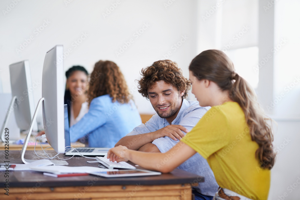 Fototapeta premium Teamwork, planning or people writing notes in startup for a research project in office desk together. Collaboration, smile or creative woman helping or speaking of ideas on documents or paperwork