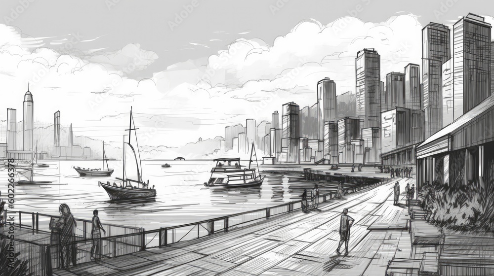 black and white sketch cityscape