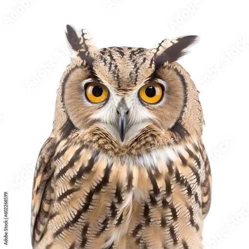 Close up of owl isolated on transparent background, Generative Ai