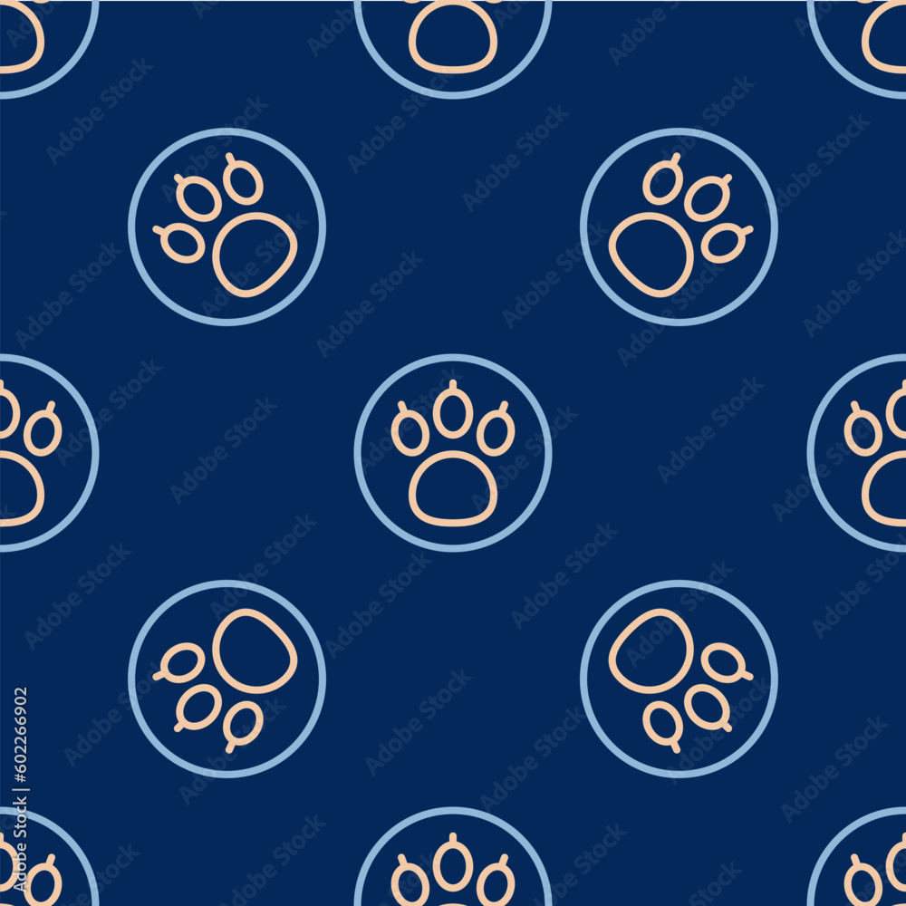 Line Paw search icon isolated seamless pattern on blue background. Magnifying glass with animal footprints. Vector Line Paw search icon isolated seamless pattern on blue background. Magnifying glass with animal footprints. Vector