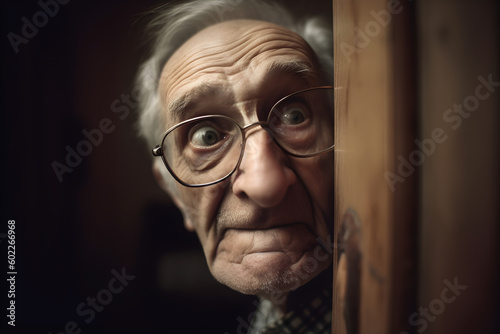 Funny old man peaking suspiciously from behind the door of his appartment. Generative AI