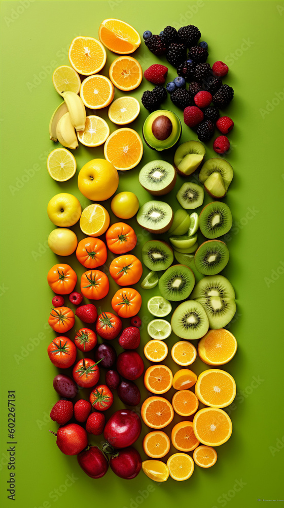 An illustration of of various fruits and vegetables in colour order. A.I. generated. An illustration of of various fruits and vegetables in colour order. A.I. generated.