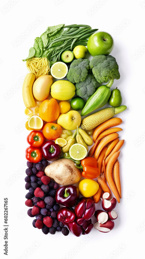 An illustration of of various fruits and vegetables in colour order. A.I. generated. An illustration of of various fruits and vegetables in colour order. A.I. generated.