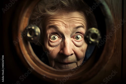 Funny old woman looking suspiciously from behind a giant keyhole of a closed door. Generative AI