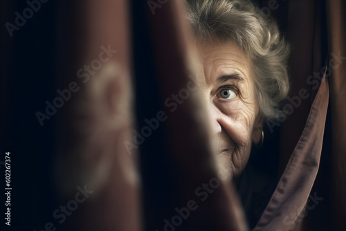 Funny old woman looking suspiciously from behind a curtain. Generative AI