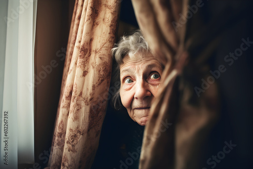Funny old woman looking suspiciously from behind a curtain. Generative AI photo