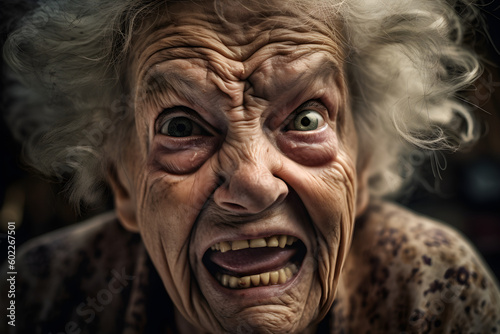 An old woman who is extremely angry and furious. Generative AI photo