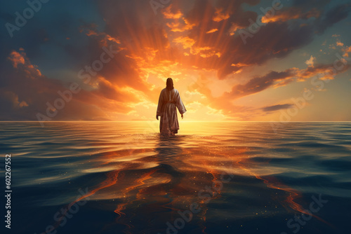 the figure of jesus walk on water on a beautiful dramatic sunset background