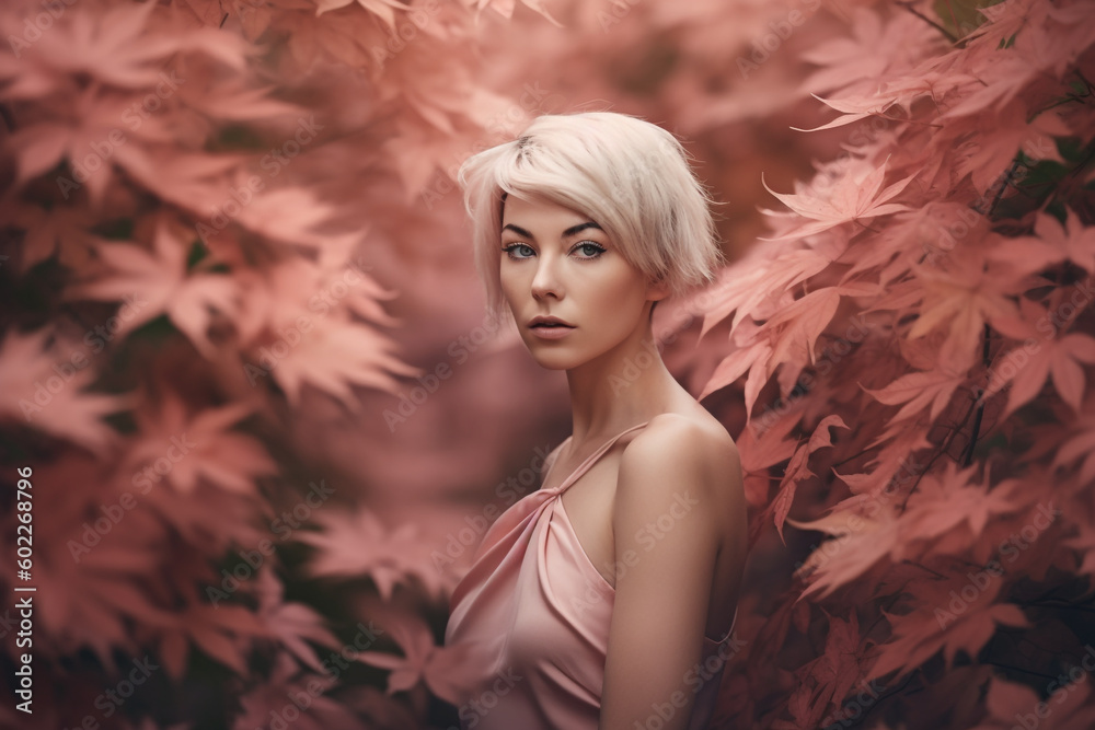 Depressed young eastern asian woman with pink hair sitting in forest of cherry blossom trees - Generative AI Depressed young eastern asian woman with pink hair sitting in forest of cherry blossom trees - Generative AI