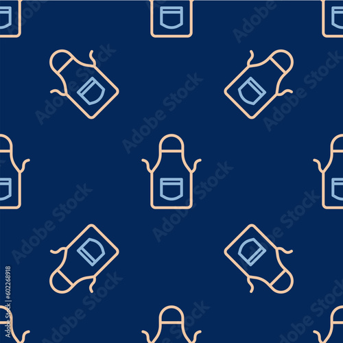 Line Blacksmith apron icon isolated seamless pattern on blue background. Protective clothing and tool worker. Vector
