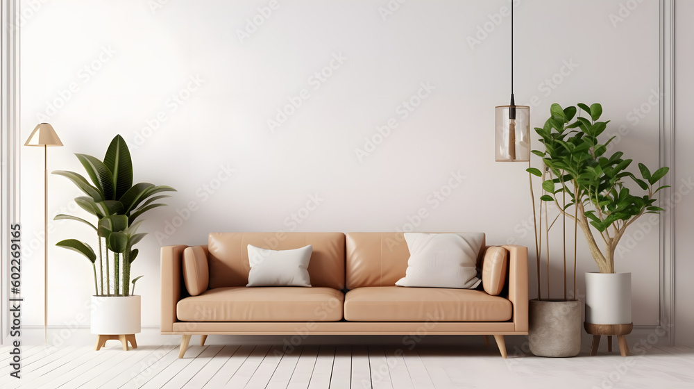 Interior living room wall mockup with leather sofa and decor on white background. - obrazy, fototapety, plakaty 