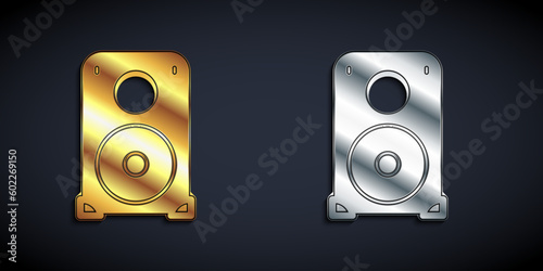 Gold and silver Stereo speaker icon isolated on black background. Sound system speakers. Music icon. Musical column speaker bass equipment. Long shadow style. Vector