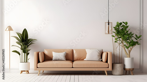 Fotografia Interior living room wall mockup with leather sofa and decor on white background