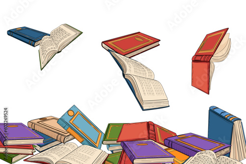 Different books falling from the top vector illustration on white background