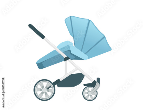 Blue color baby carriage on wheels vector illustration isolated on white background