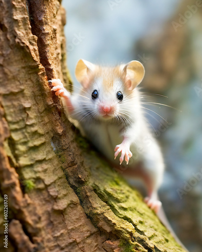 Illustration of a playful adorable dormouse in a tree. Created with Generative AI technology.