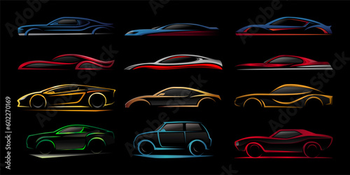 Concept car vehicle silhouette logo icon collection set. Auto garage dealership brand identity design elements. Vector illustrations.