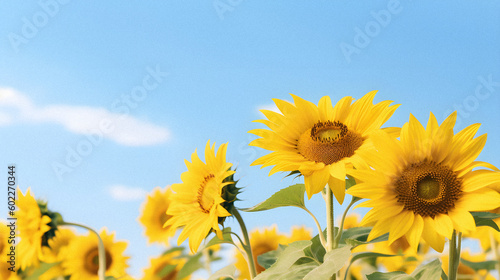 Field of Sunflowers  Joyous Essence in Yellow and Sky Blue  Minimalist Style Artwork