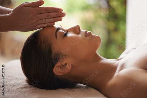 Girl, hands or head massage in spa hotel for zen resting, sleeping wellness or relaxing physical therapy. Calm, eyes closed or woman in beauty salon to exfoliate for facial healing treatment or detox