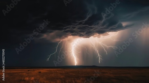 Lightning in the night over the field. Amazing landscape of a severe thunderstorm in dark night. Generative AI.
