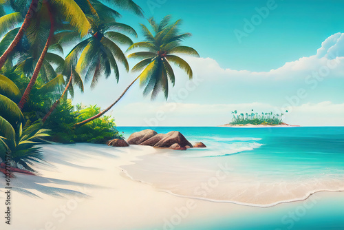 Beautiful tropical beach banner. White sand and coco palms travel tourism wide panorama background. Generative Ai