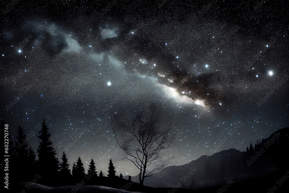 Landscape with Milky way galaxy. Night sky with stars. Generative Ai