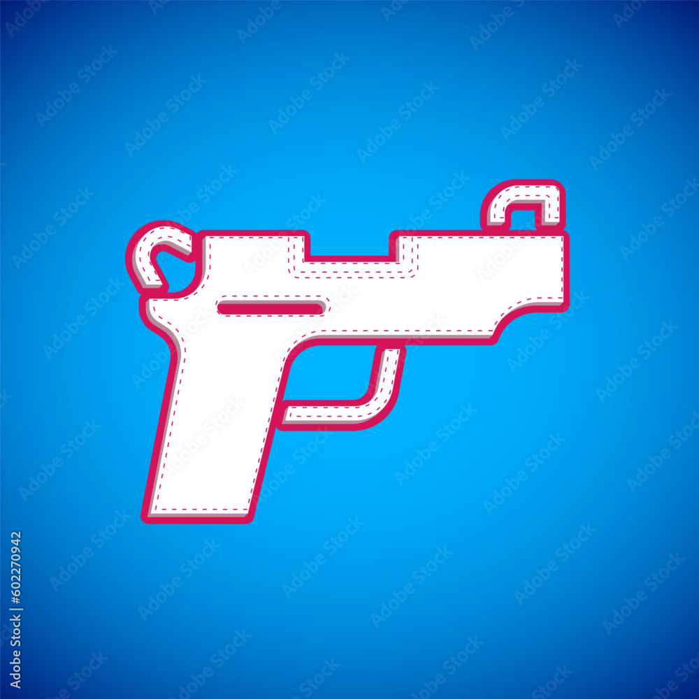 White Pistol or gun icon isolated on blue background. Police or military handgun. Small firearm. Vector