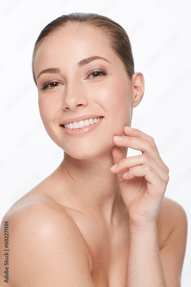 Portrait, skincare and woman with beauty, luxury and happy girl isolated against a white studio background. Face, female person or model with dermatology, salon treatment and grooming with confidence