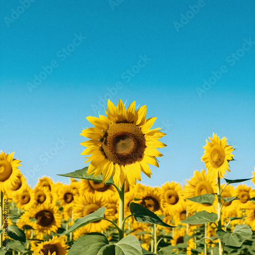 Capturing Joy  Sunflowers in a Field  Delightful Yellow and Blue Blend in a Minimalist Style