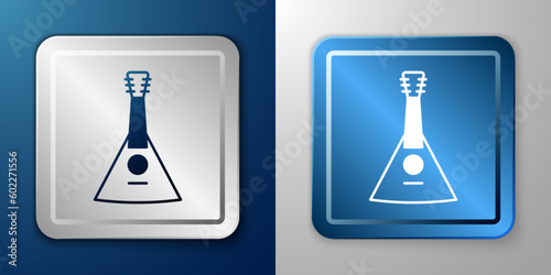 White Musical instrument balalaika icon isolated on blue and grey background. Silver and blue square button. Vector