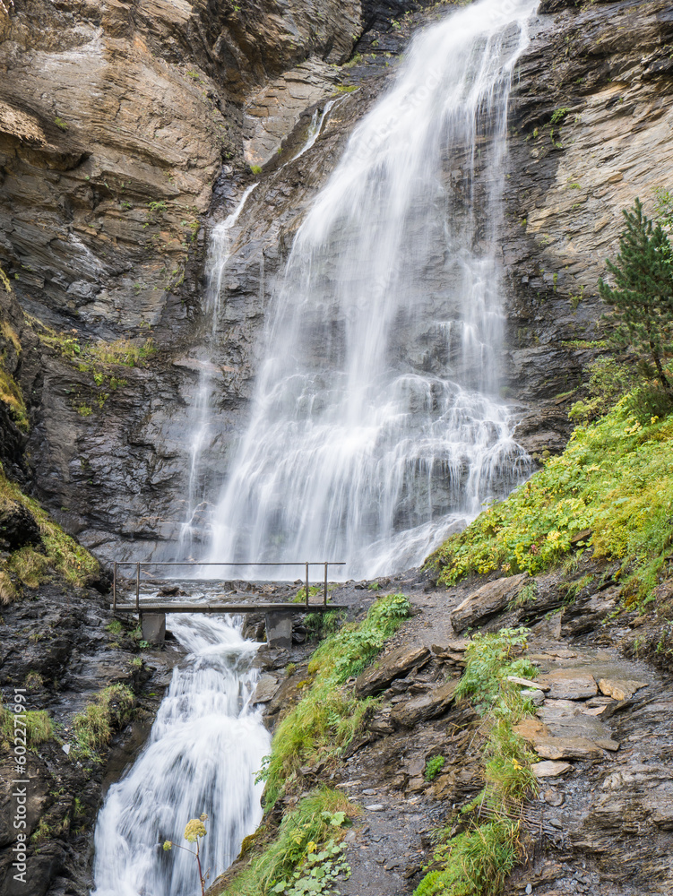 Fototapeta premium Waterfall on the Three Waterfalls Path at Cerler, Benasque, Ribagorza, Huesca, Aragon, Spain