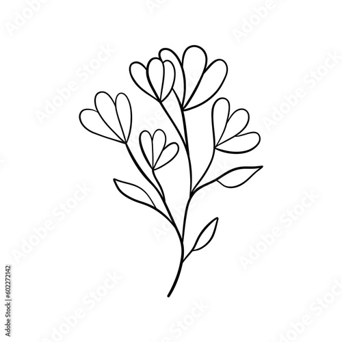 Black silhouettes of grass  flowers and herbs isolated on white background. Hand drawn sketch flowers and insects.