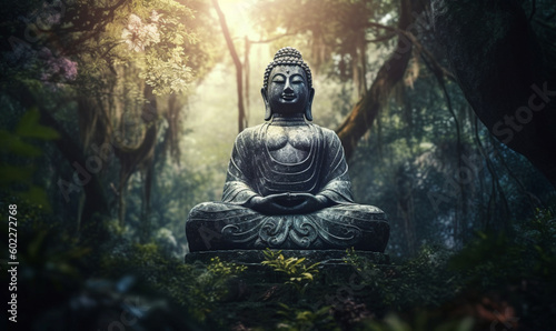 Buddha Statue in einem tropischen Wald, Tempelruine. generative KI © Meadow