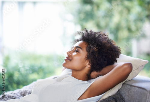 Bilde på lerret Relax, smile and black woman on sofa sleeping, afternoon nap and rest in calm apartment on weekend