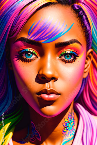 Portrait of a handsome young african american woman with colorful hair and tattoos on face and body. Generative AI.