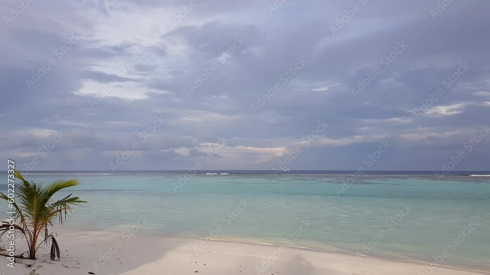 Gorgeous view white sand beach, turquoise water, blue sky and white clouds on Indian ocean background. Maldives. Gorgeous view white sand beach, turquoise water, blue sky and white clouds on Indian ocean background. Maldives.