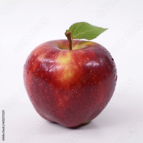 AI Generated image of a red apple with two leaves on a white background