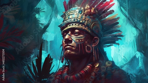 Portrait of an Indian chief in a fairy forest. Fantasy concept , Illustration painting. 