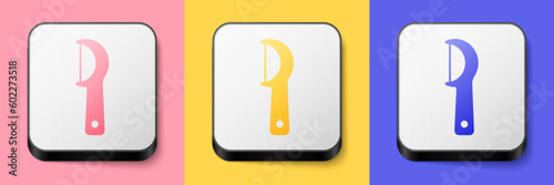 Isometric Dental floss icon isolated on pink, yellow and blue background. Square button. Vector