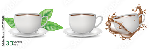 vector illustration tea cup set design with tea splash on the white background.use for label and ad design.