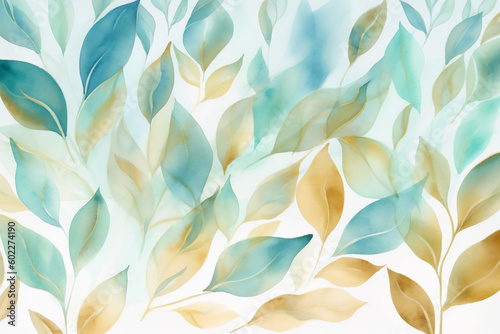 Leafy Impressions Turquoise Watercolor Art. Generative AI.